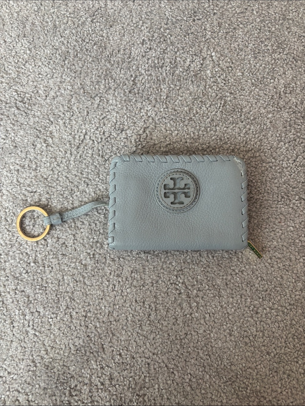 Tory Burch Pale Blue Leather Zip Card Case with Gold Key Ring